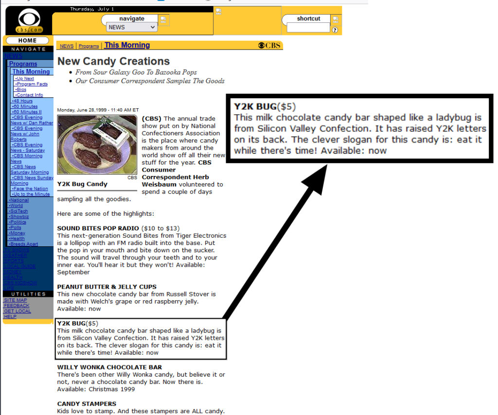 CBS This Morning "New Candy Creations" web page featuring photo of three Y2K Bug candies on plate and one in box.