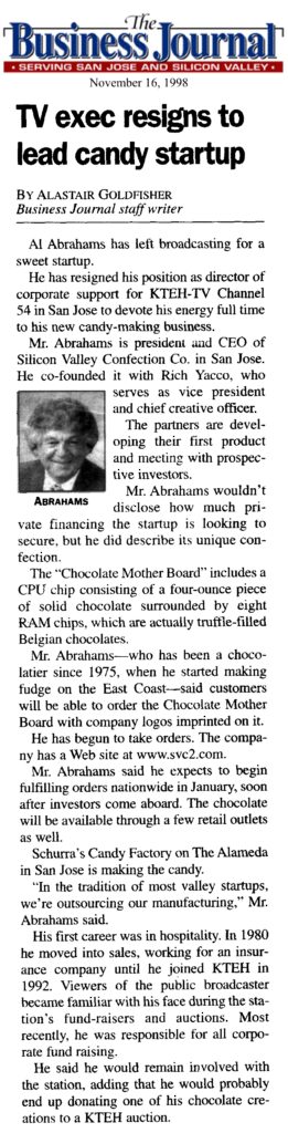 Business Journal Article November 16, 1998. Includes photo of Al Abrahams