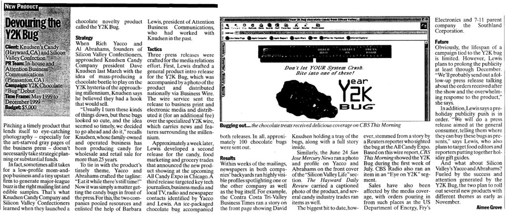 PR week article "Devouring the Y2K Bug" including a photo showing the Year 2K Bug web page with the caption "Bugging out...the chocolate treats received delicious coverage on CBS This Morning"